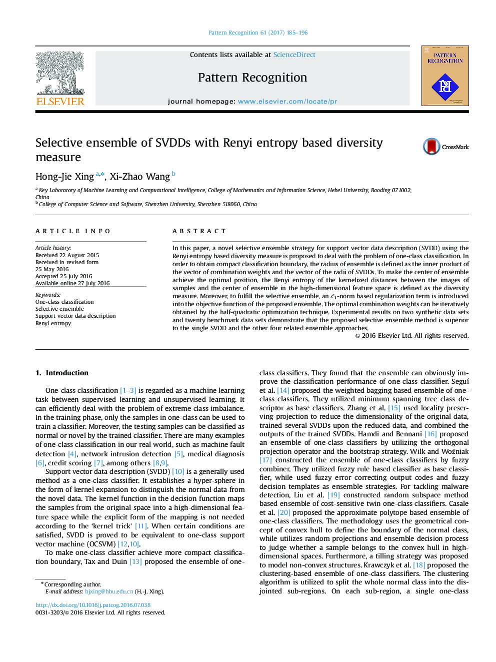 Selective ensemble of SVDDs with Renyi entropy based diversity measure