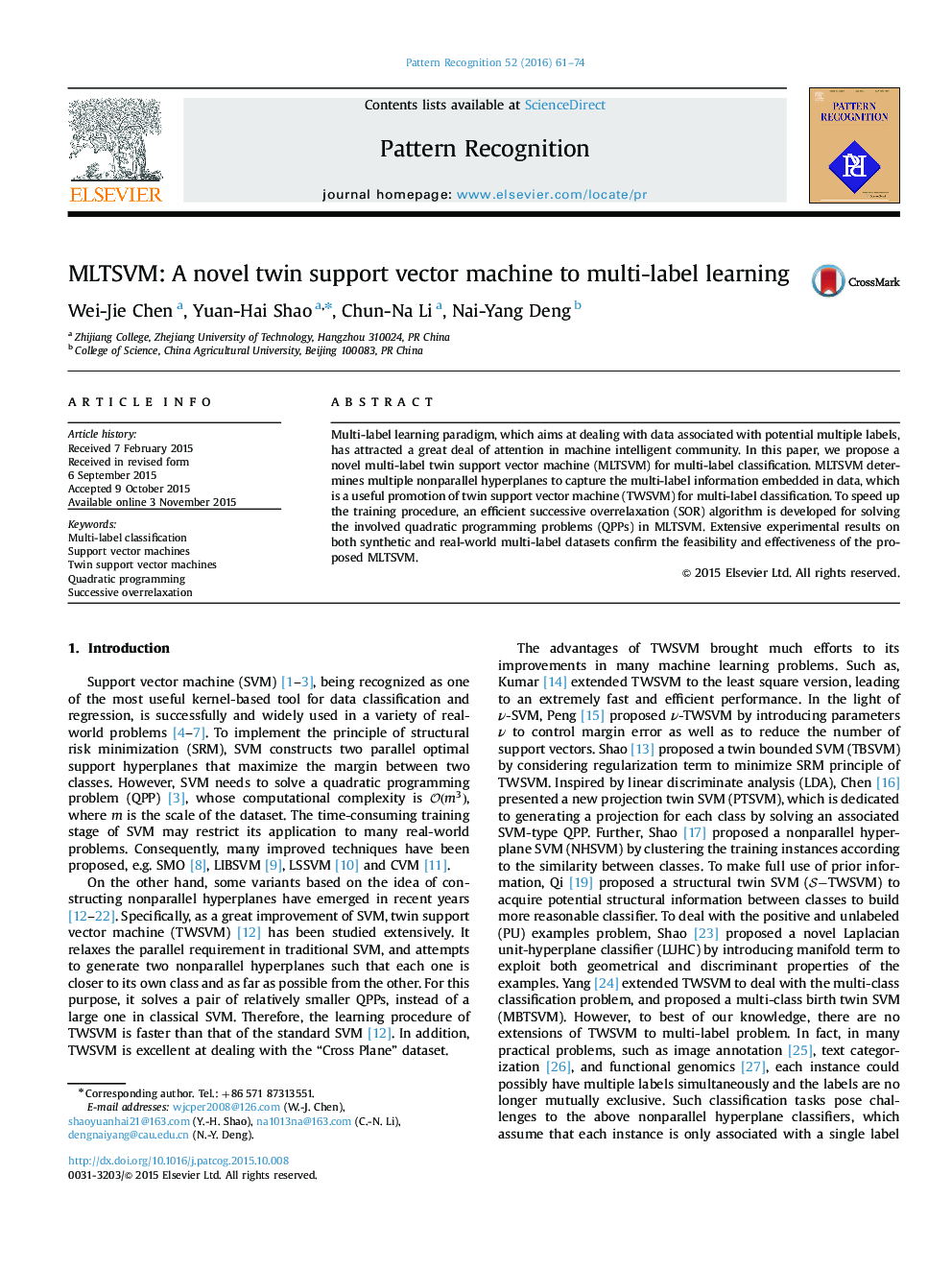 MLTSVM: A novel twin support vector machine to multi-label learning
