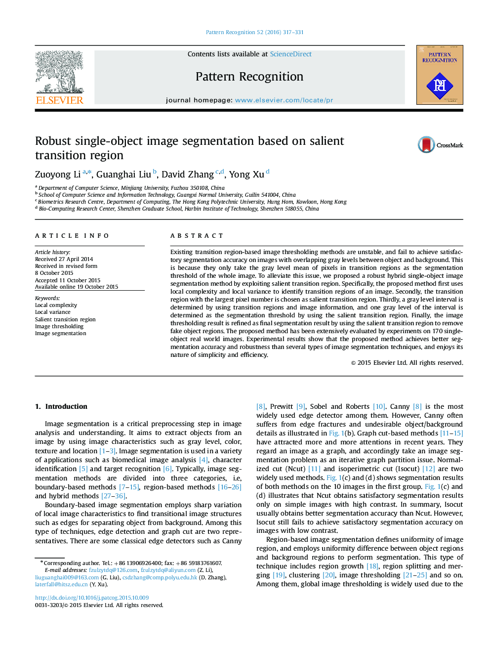 Robust single-object image segmentation based on salient transition region