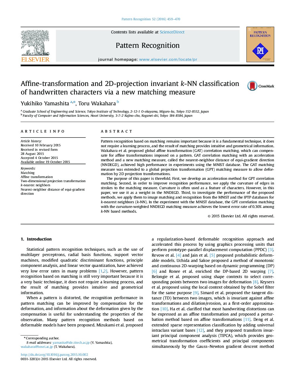 Affine-transformation and 2D-projection invariant k-NN classification of handwritten characters via a new matching measure