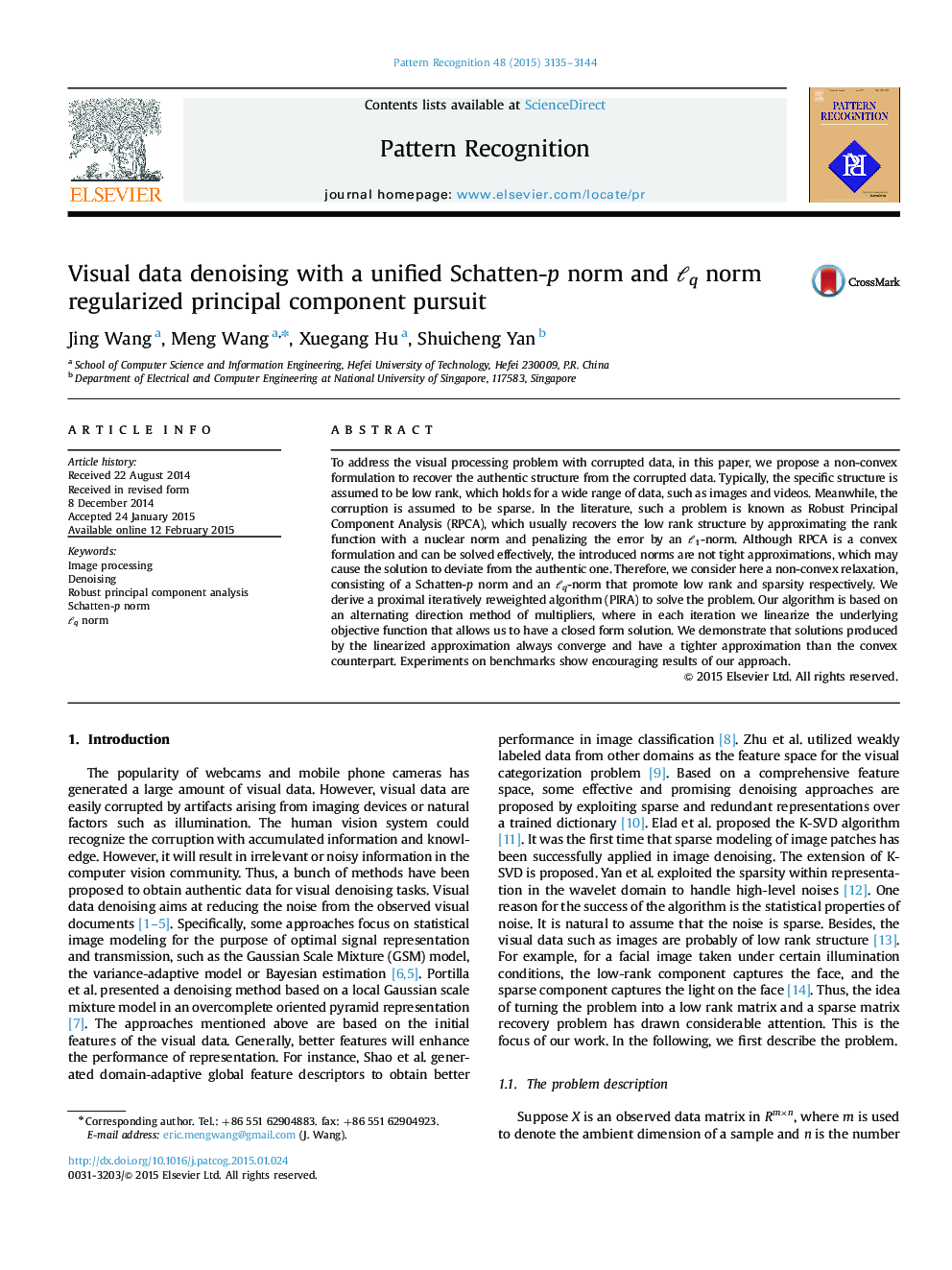 Visual data denoising with a unified Schatten-p norm and ℓq norm regularized principal component pursuit