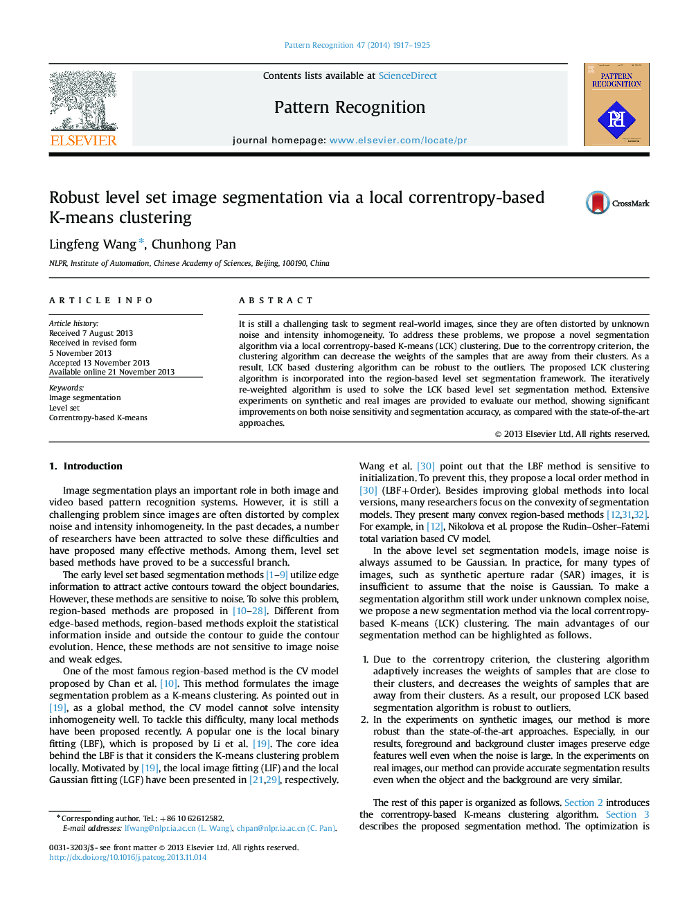 Robust level set image segmentation via a local correntropy-based K-means clustering