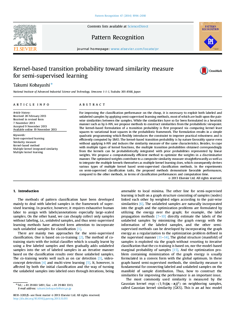 Kernel-based transition probability toward similarity measure for semi-supervised learning