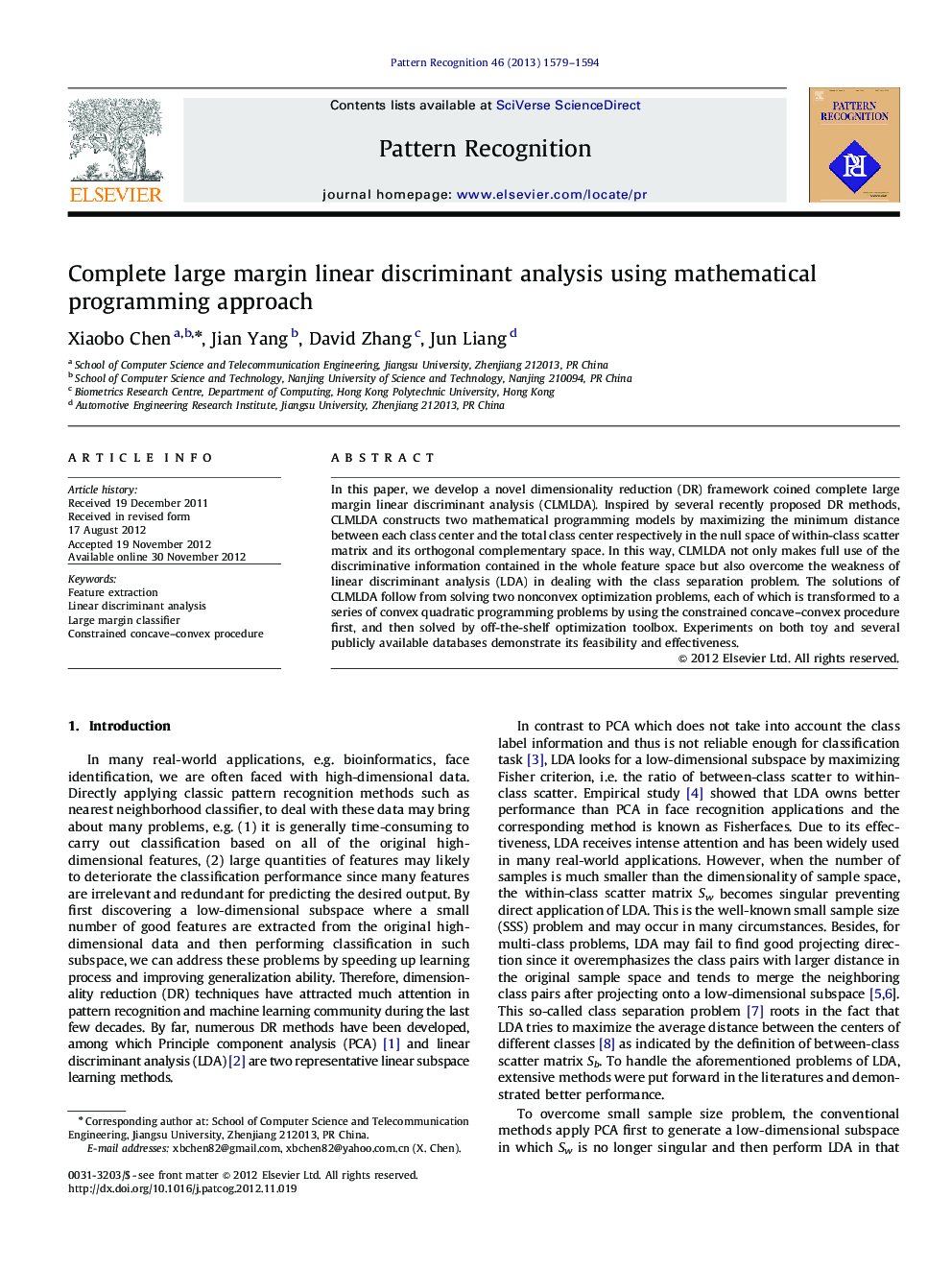 Complete large margin linear discriminant analysis using mathematical programming approach