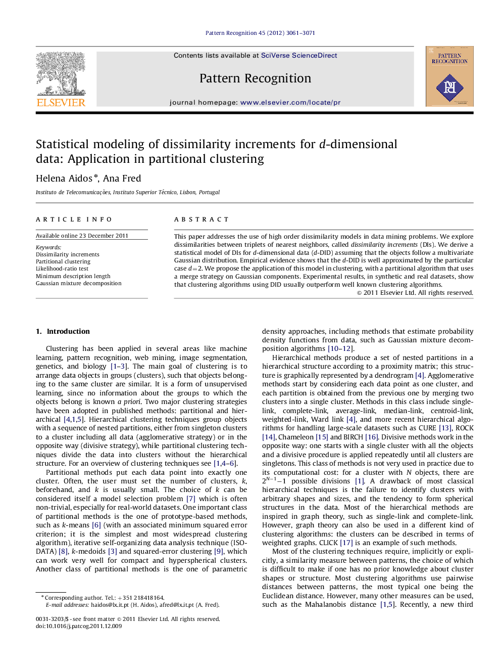 Statistical modeling of dissimilarity increments for d-dimensional data: Application in partitional clustering