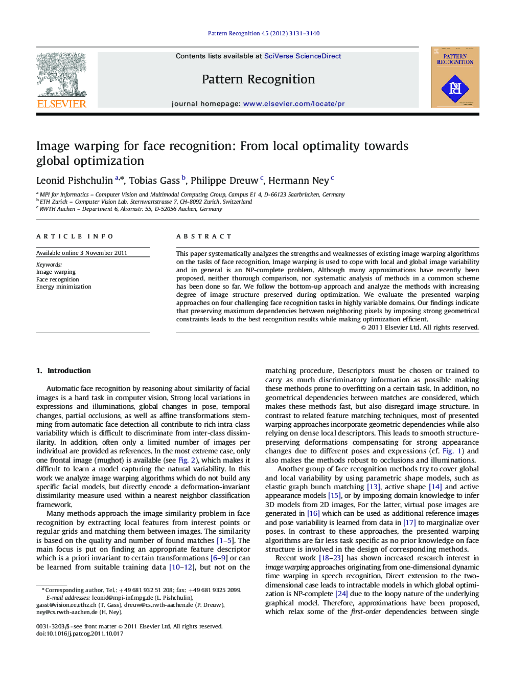 Image warping for face recognition: From local optimality towards global optimization