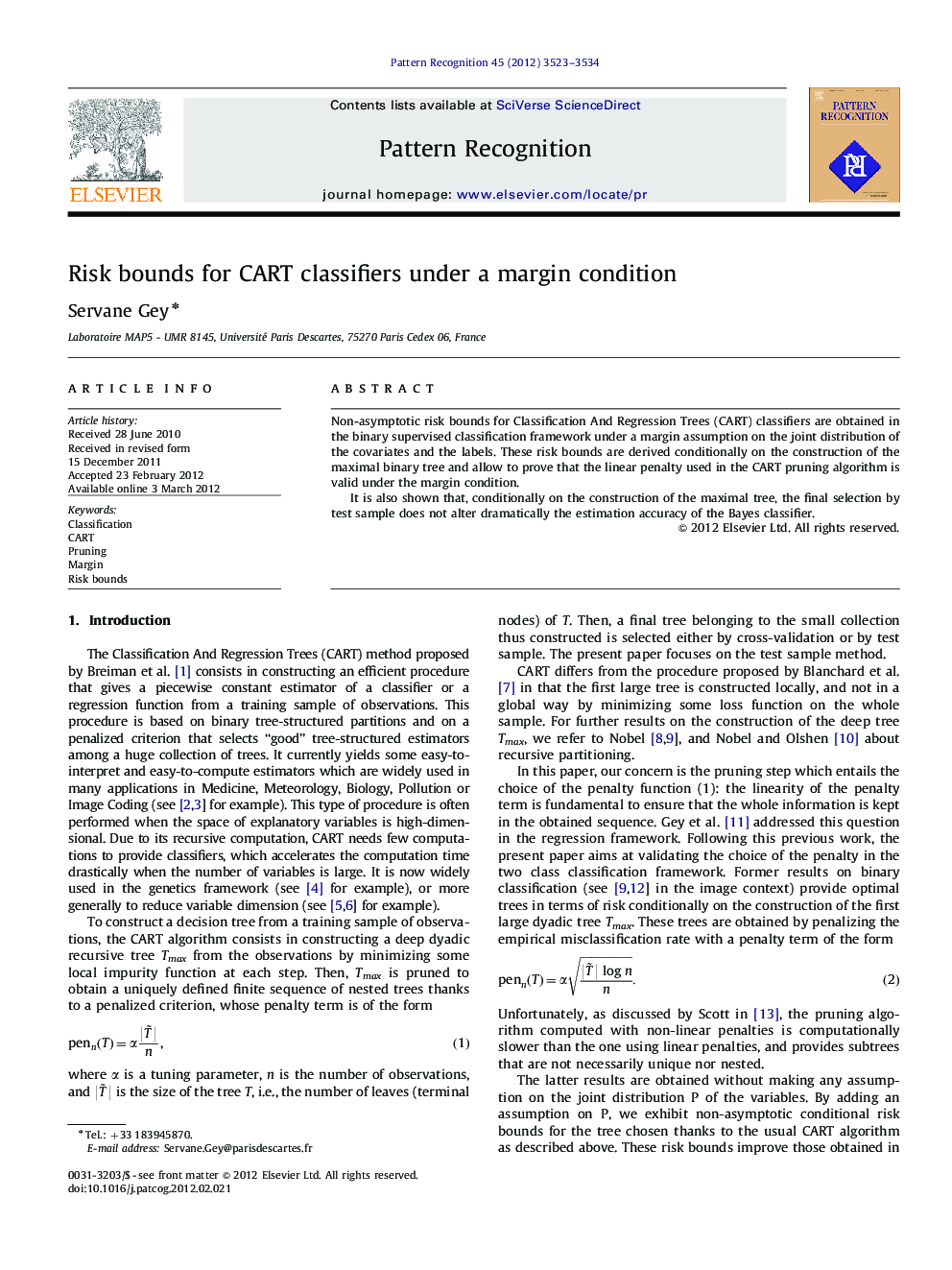 Risk bounds for CART classifiers under a margin condition