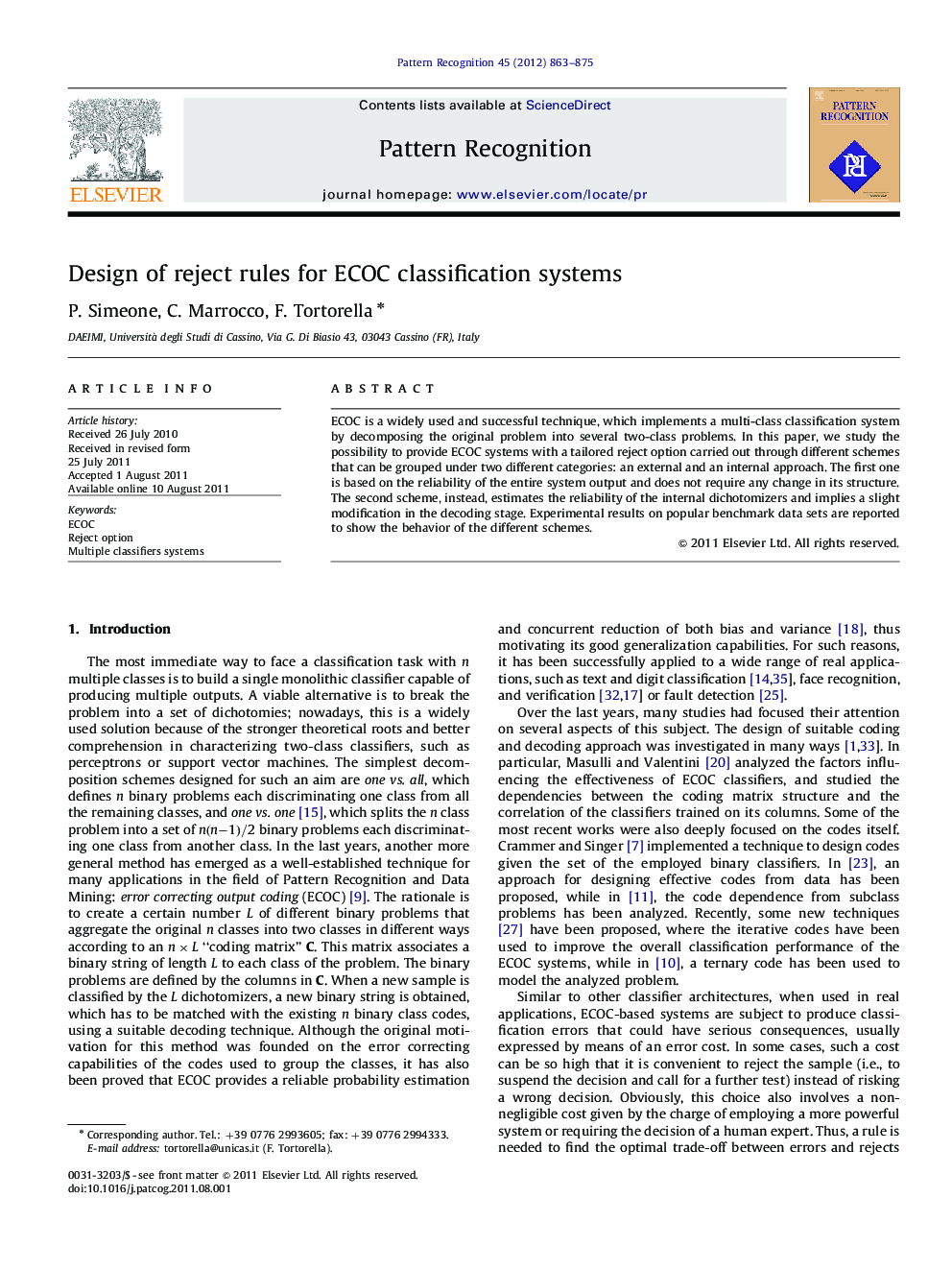 Design of reject rules for ECOC classification systems