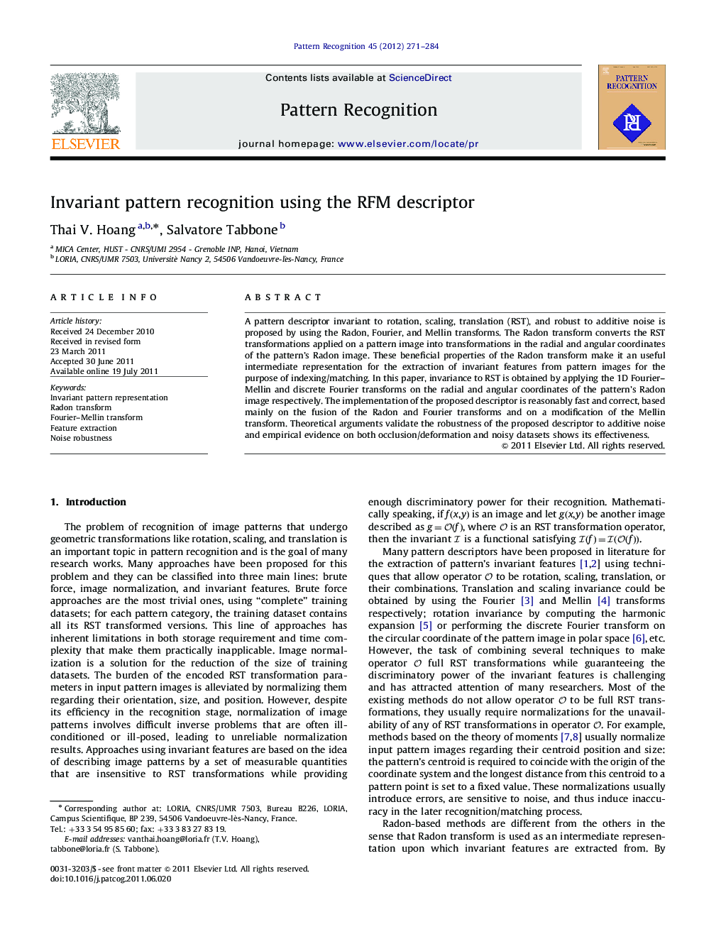 Invariant pattern recognition using the RFM descriptor