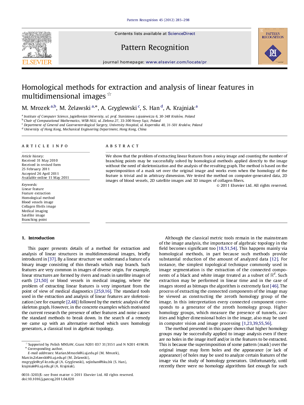 Homological methods for extraction and analysis of linear features in multidimensional images 