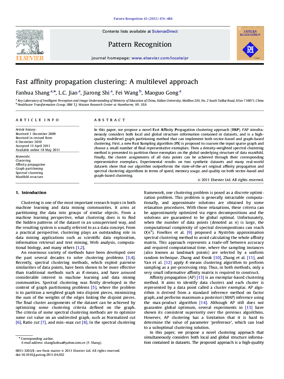 Fast affinity propagation clustering: A multilevel approach