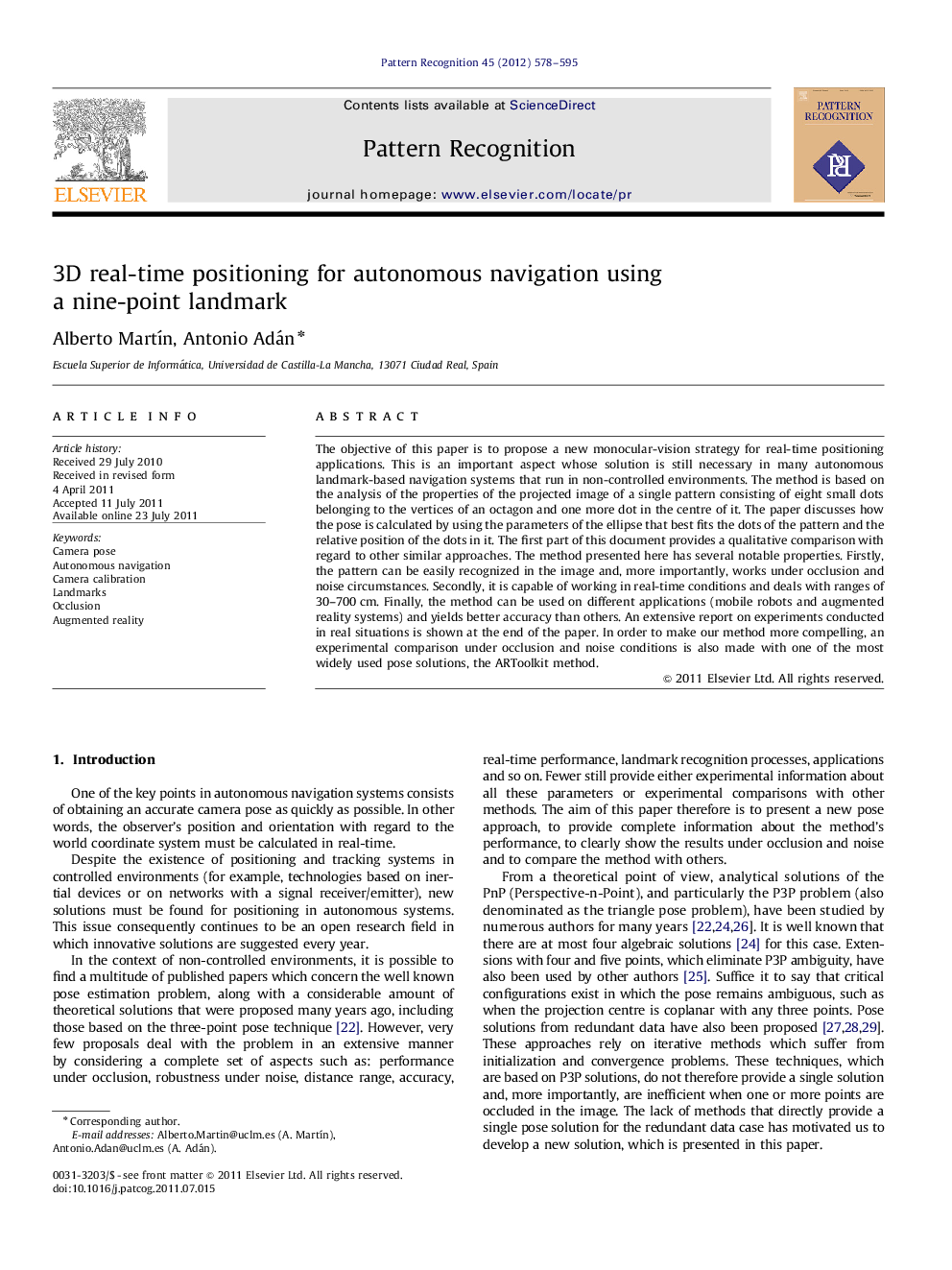 3D real-time positioning for autonomous navigation using a nine-point landmark