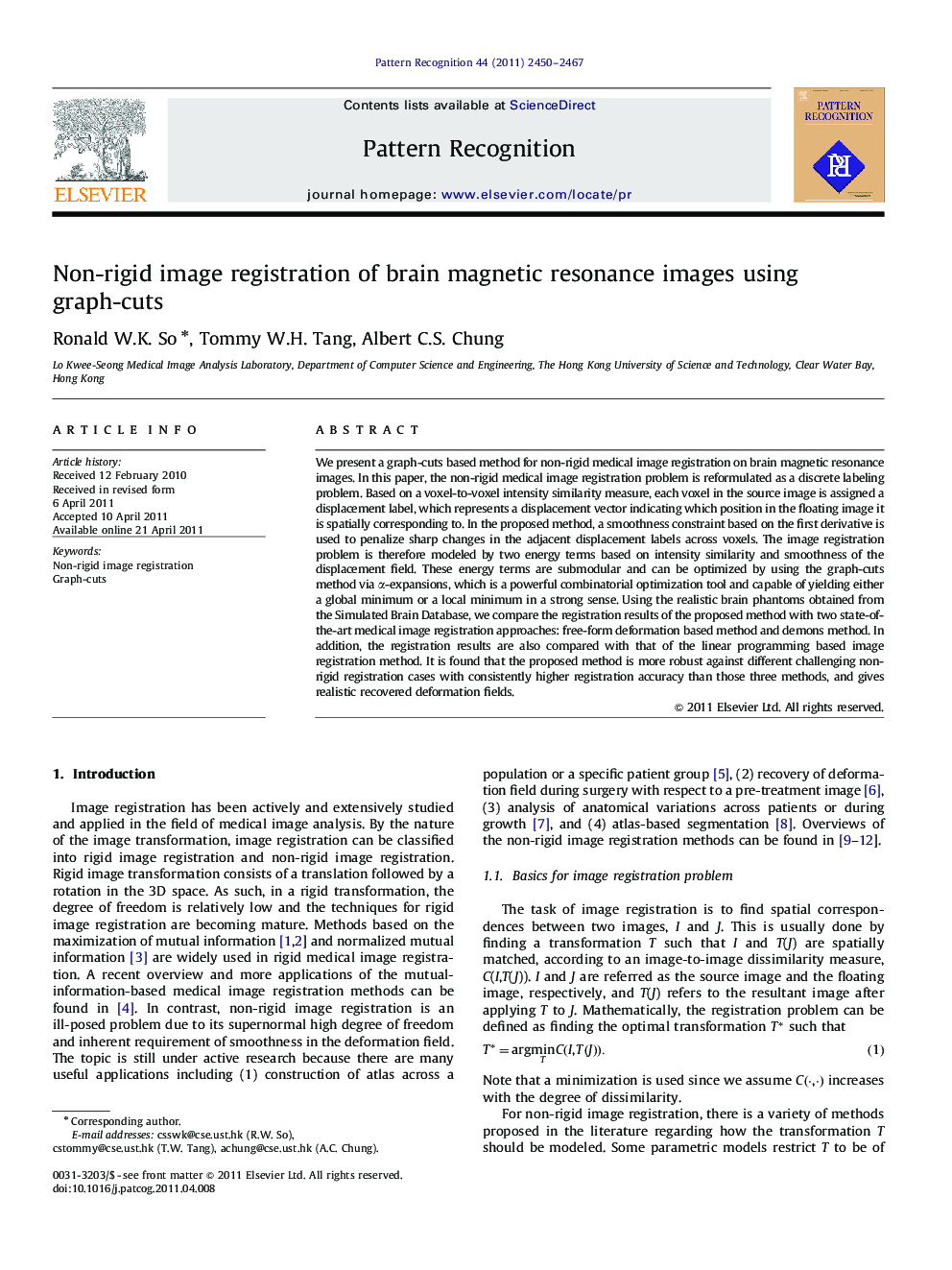 Non-rigid image registration of brain magnetic resonance images using graph-cuts