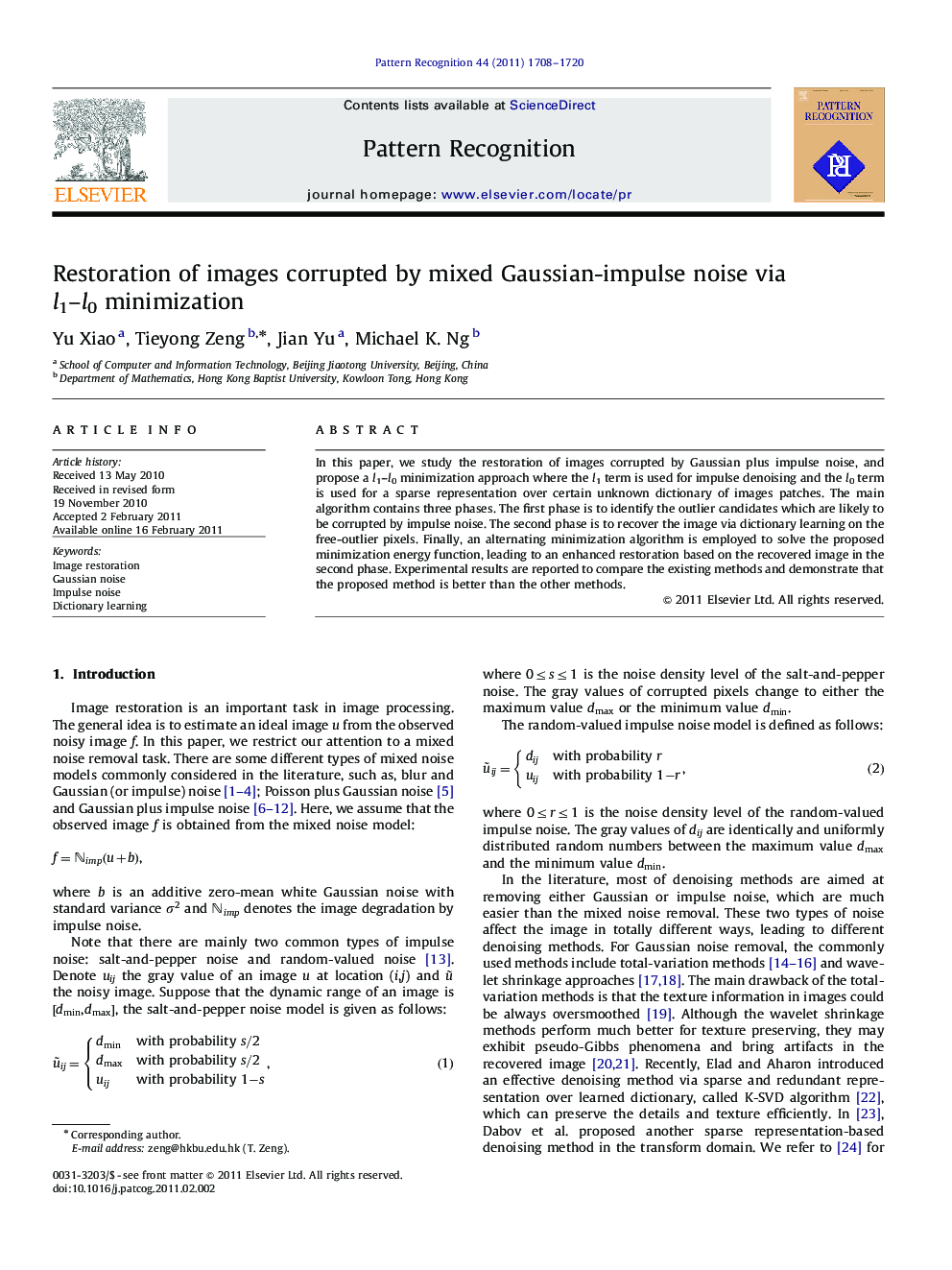 Restoration of images corrupted by mixed Gaussian-impulse noise via l1–l0 minimization