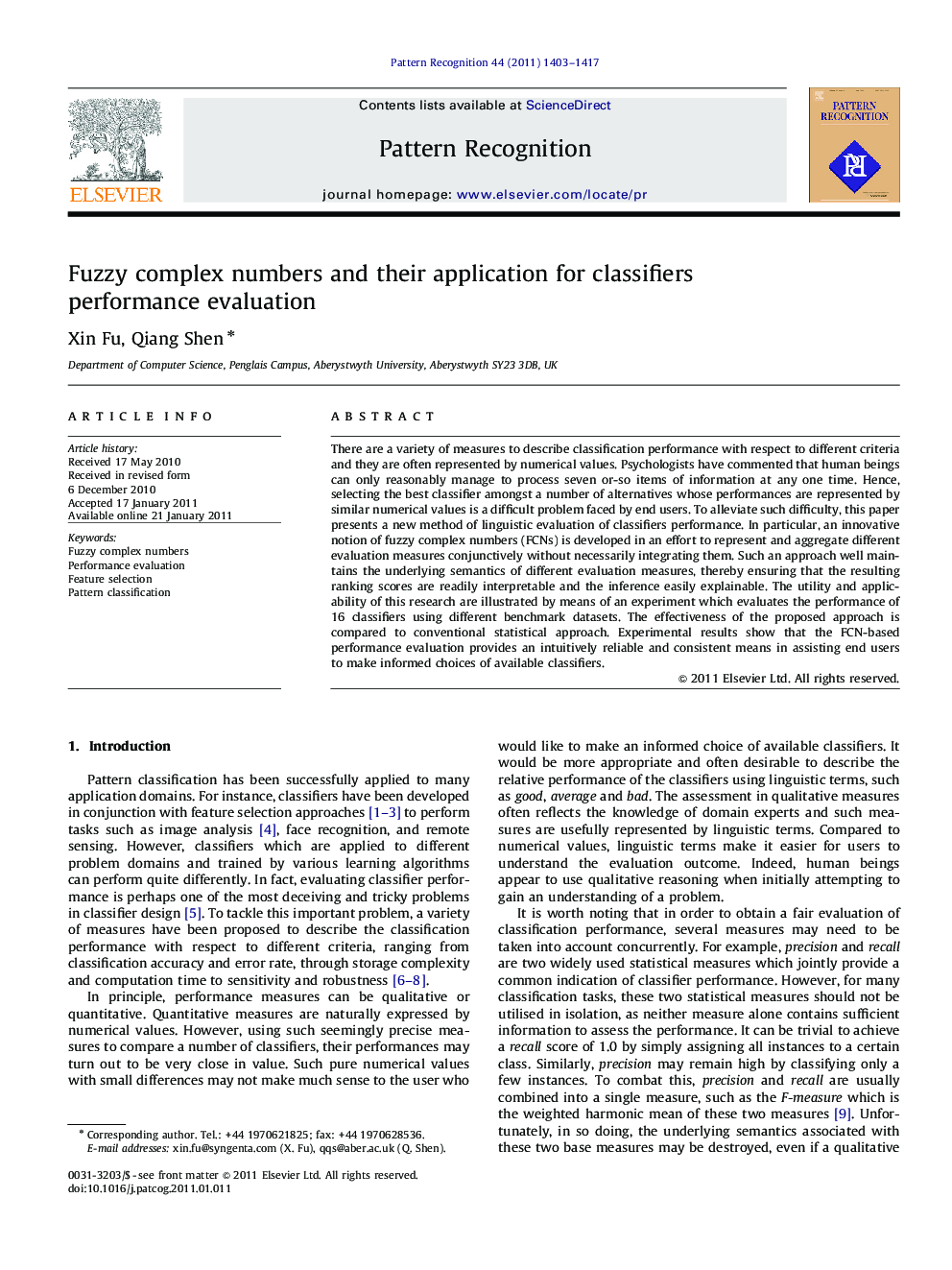 عکس صفحه اول مقاله: Fuzzy complex numbers and their application for classifiers performance evaluation Fuzzy complex numbers and their application for classifiers performance evaluation