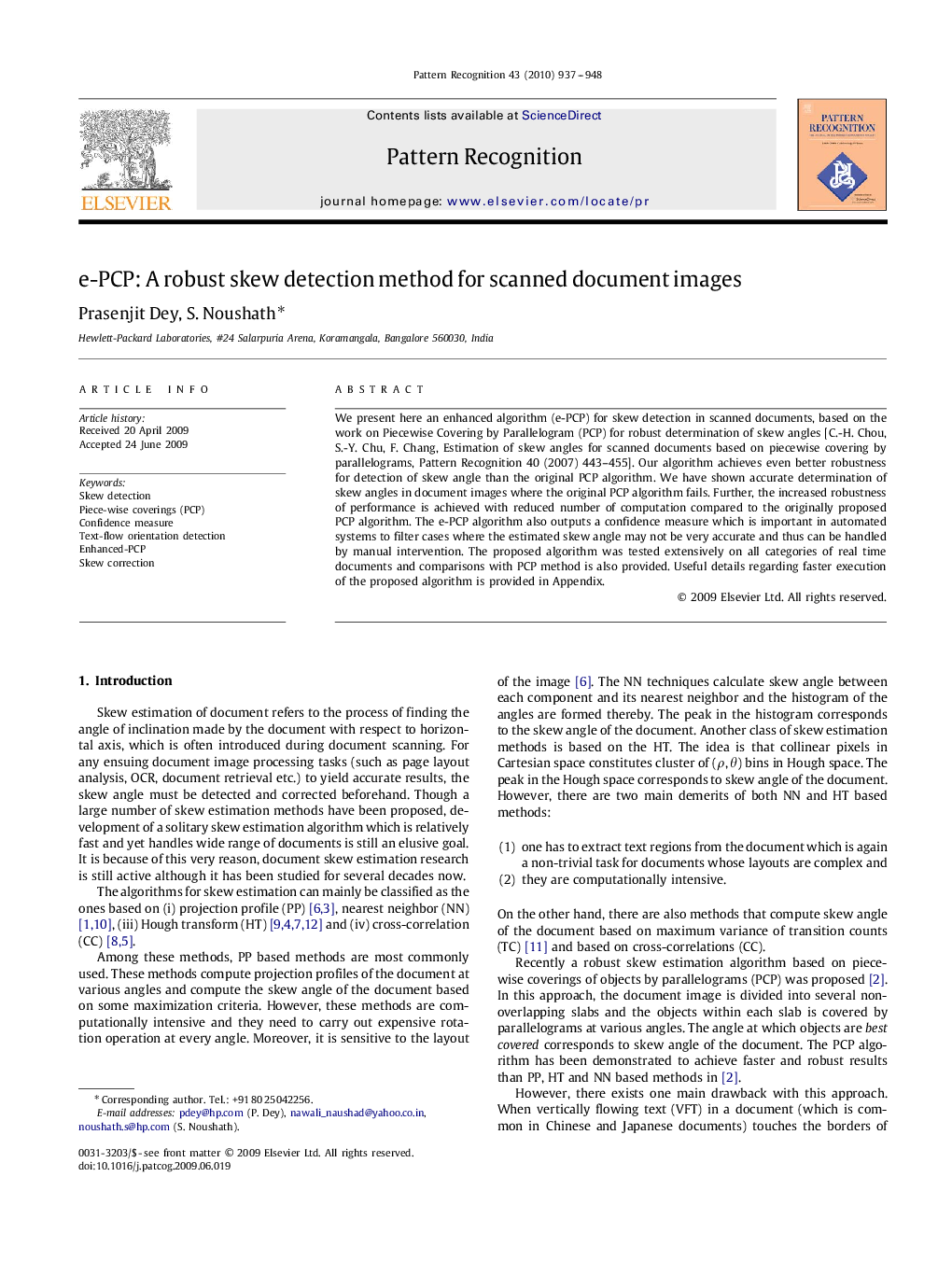 e-PCP: A robust skew detection method for scanned document images