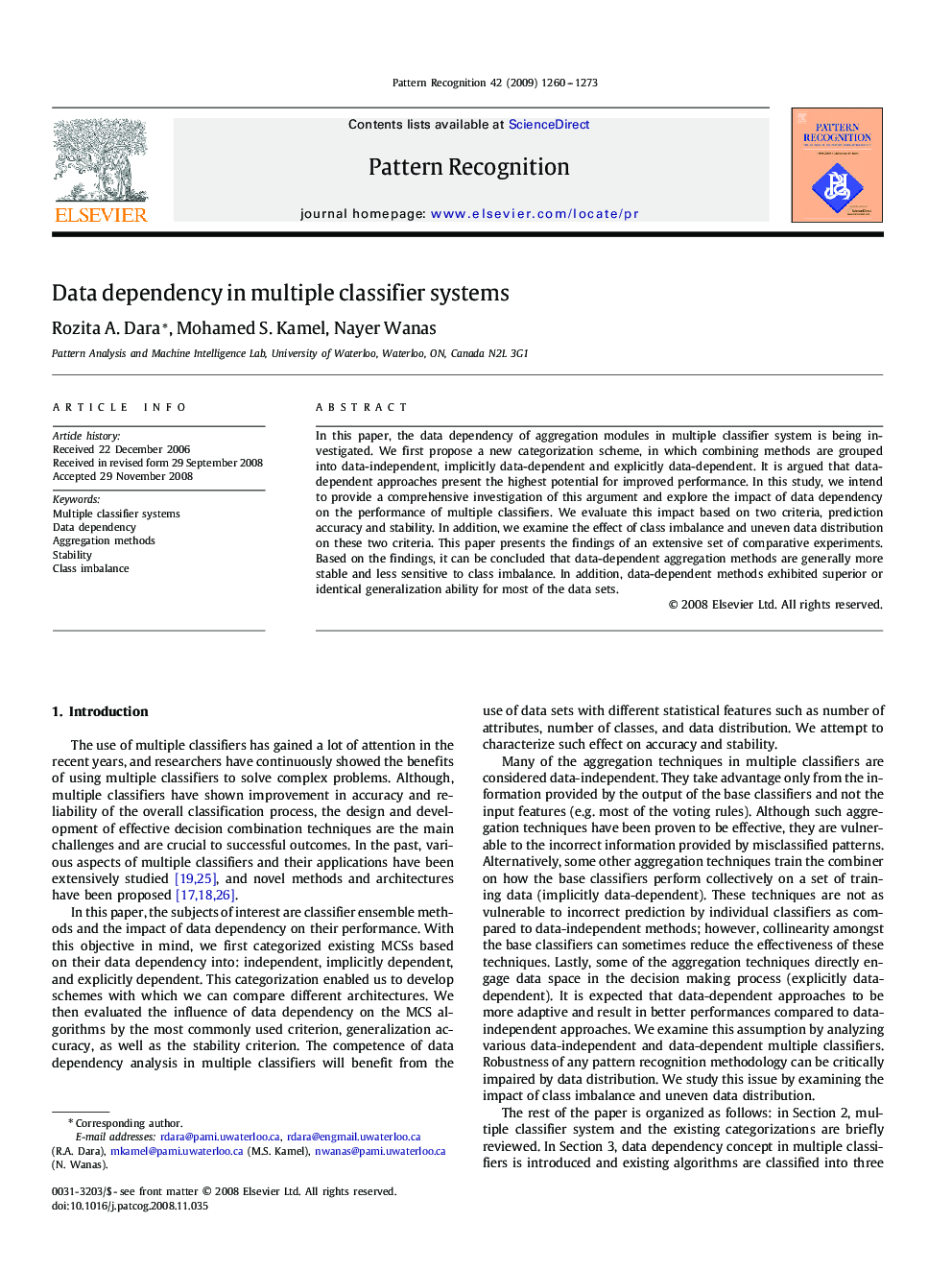 Data dependency in multiple classifier systems