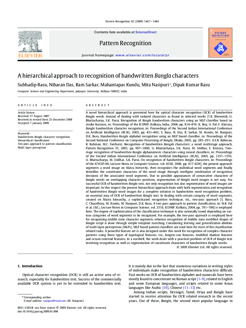 A hierarchical approach to recognition of handwritten Bangla characters