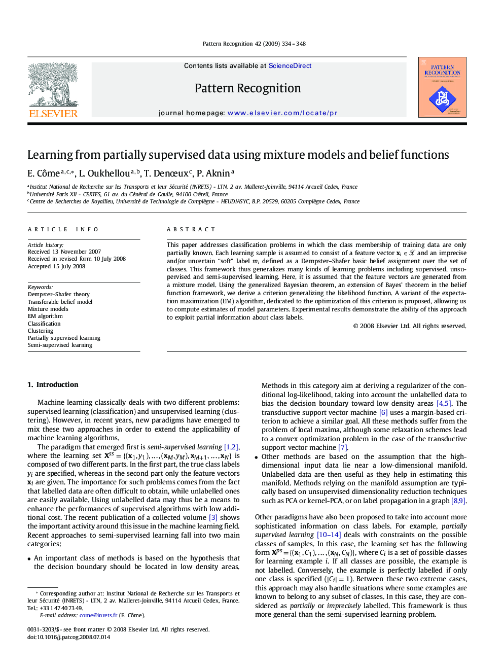 Learning from partially supervised data using mixture models and belief functions