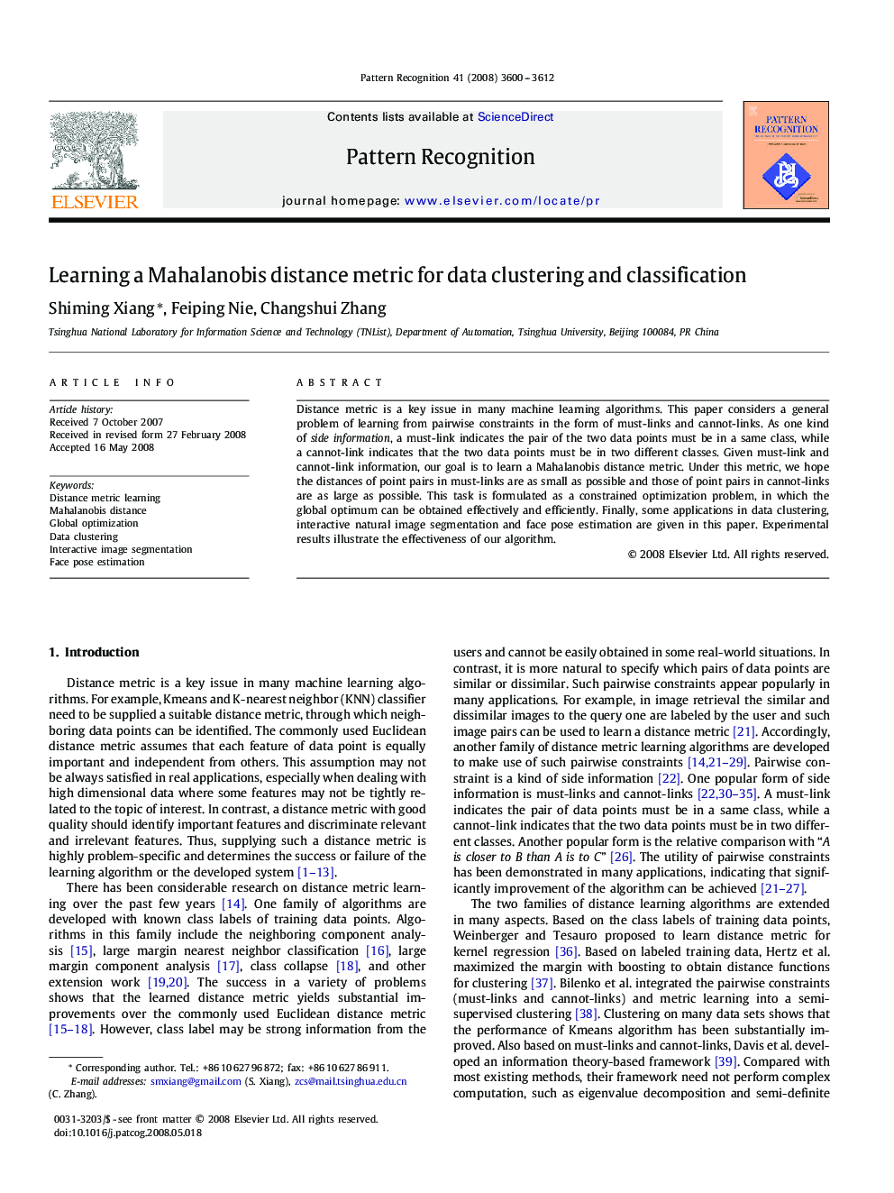 Learning a Mahalanobis distance metric for data clustering and classification