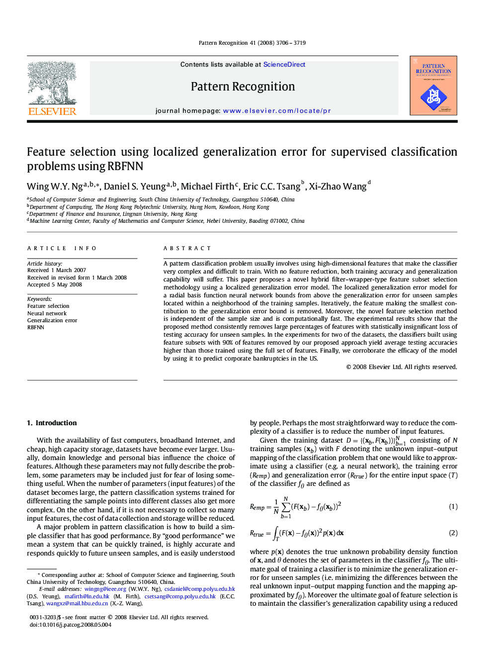 عکس صفحه اول مقاله: Feature selection using localized generalization error for supervised classification problems using RBFNN Feature selection using localized generalization error for supervised classification problems using RBFNN