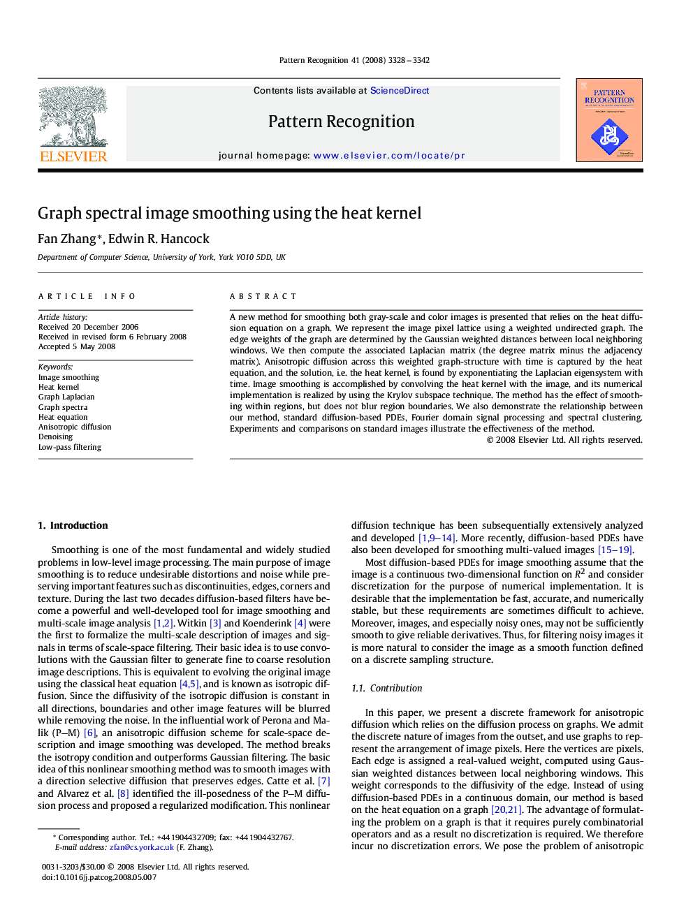 عکس صفحه اول مقاله: Graph spectral image smoothing using the heat kernel Graph spectral image smoothing using the heat kernel