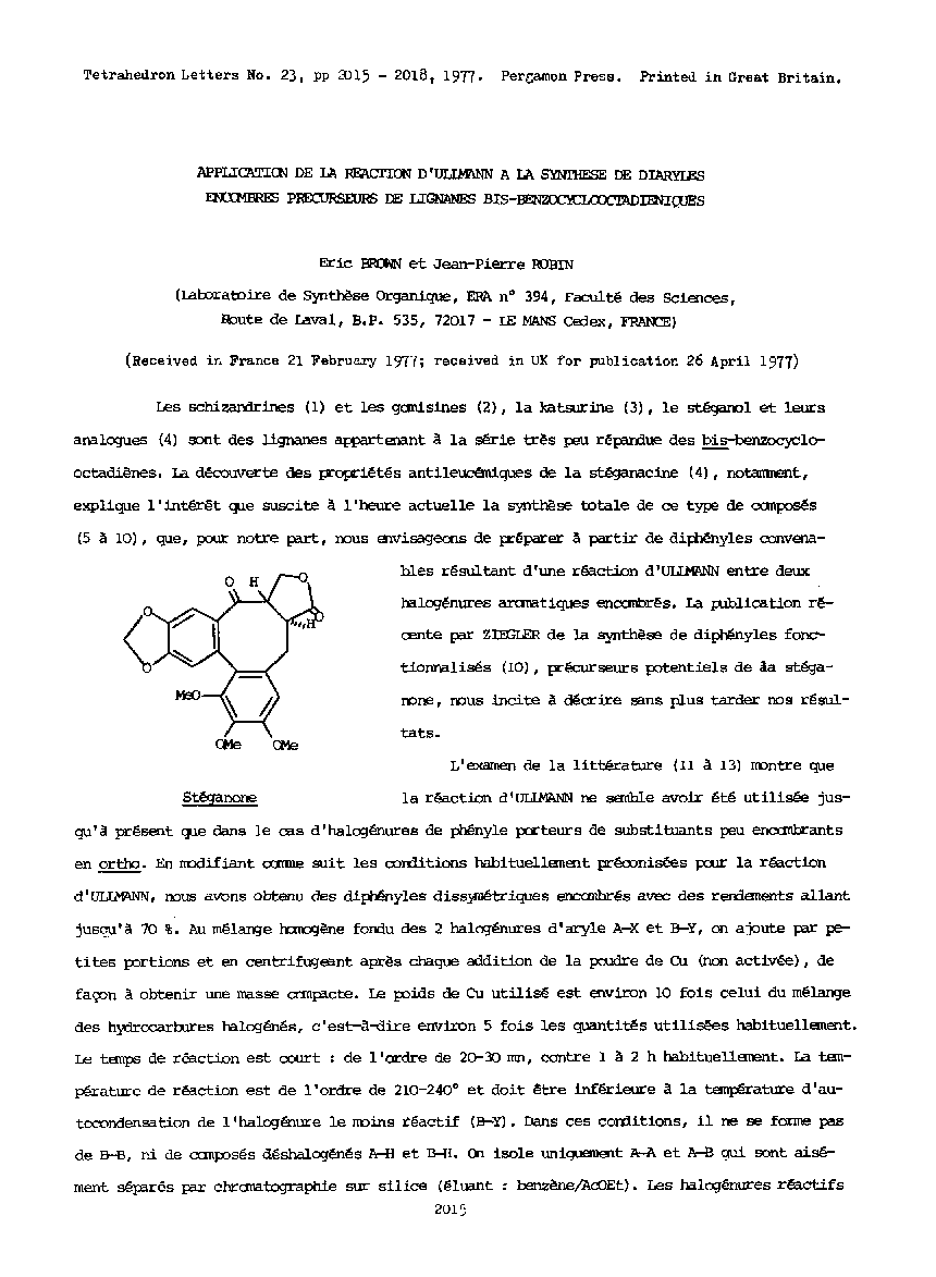 Application de la reaction d'ulimann a la synthese de diaryles encombres precurseurs de lignanes bis-benzocyclootadieniques