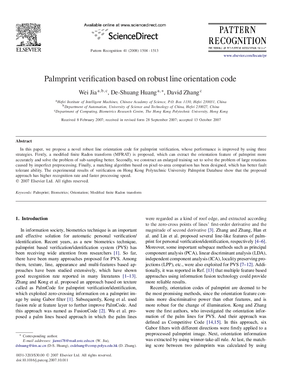 Palmprint verification based on robust line orientation code