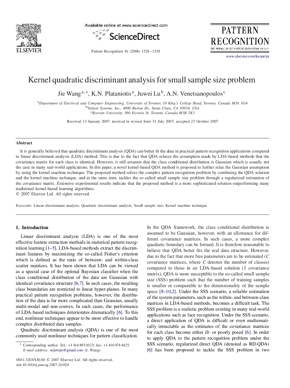 Kernel quadratic discriminant analysis for small sample size problem