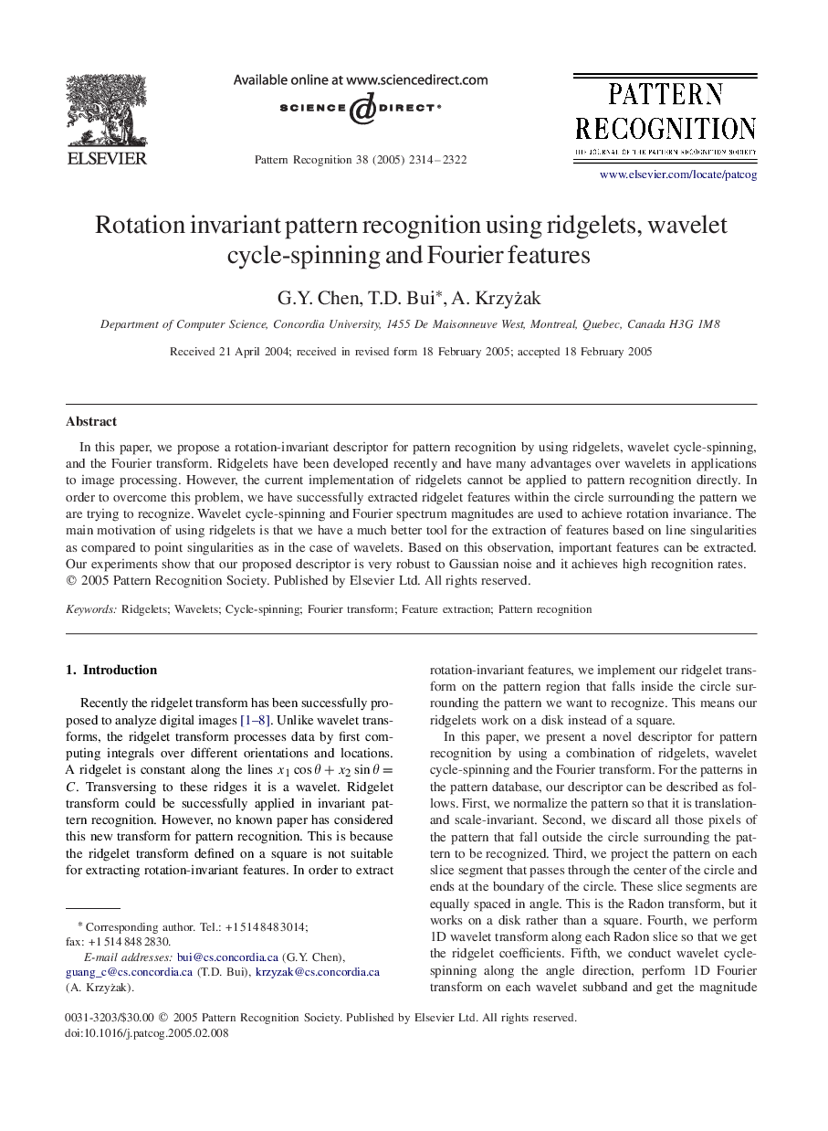 Rotation invariant pattern recognition using ridgelets, wavelet cycle-spinning and Fourier features