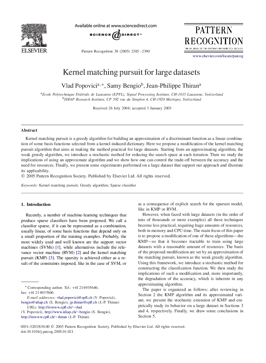 Kernel matching pursuit for large datasets