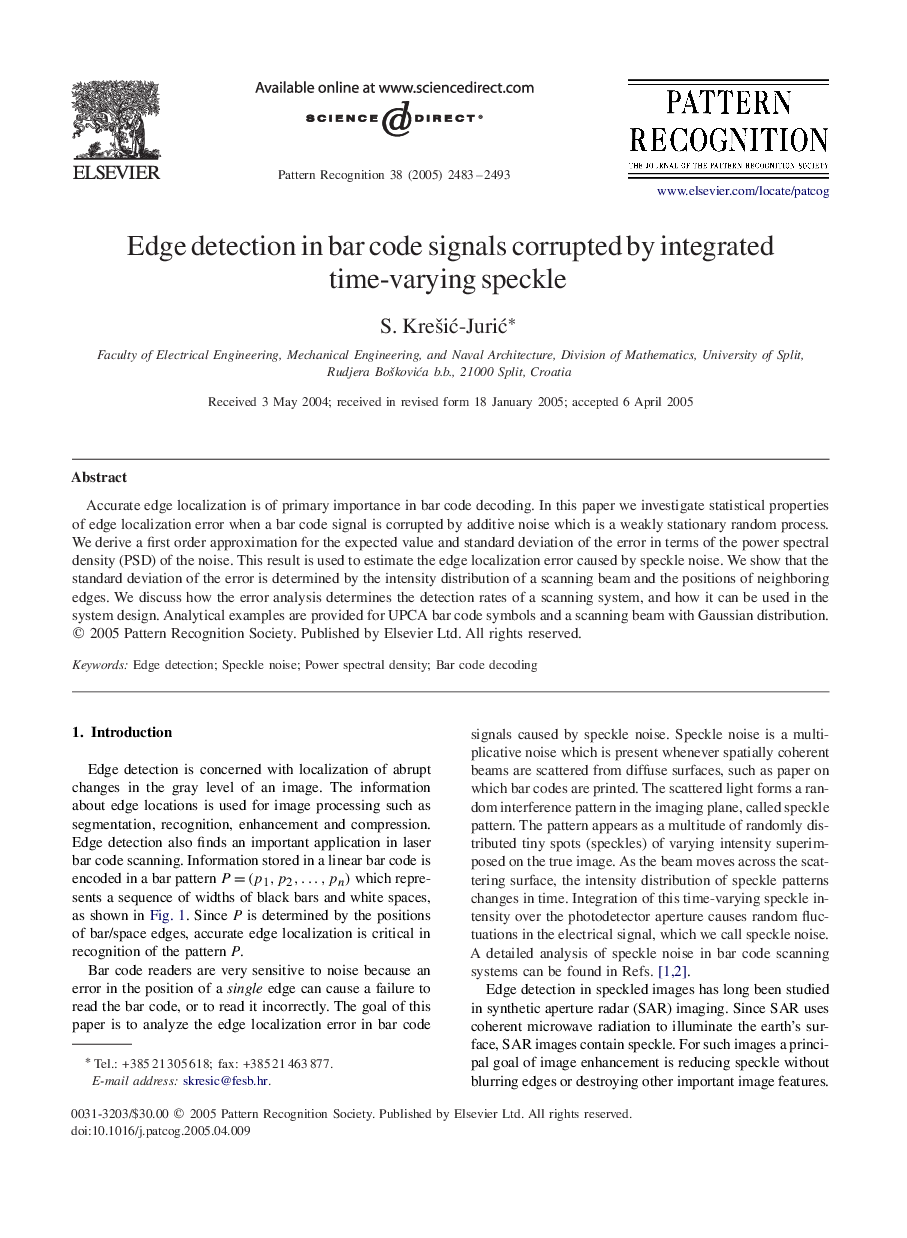 Edge detection in bar code signals corrupted by integrated time-varying speckle