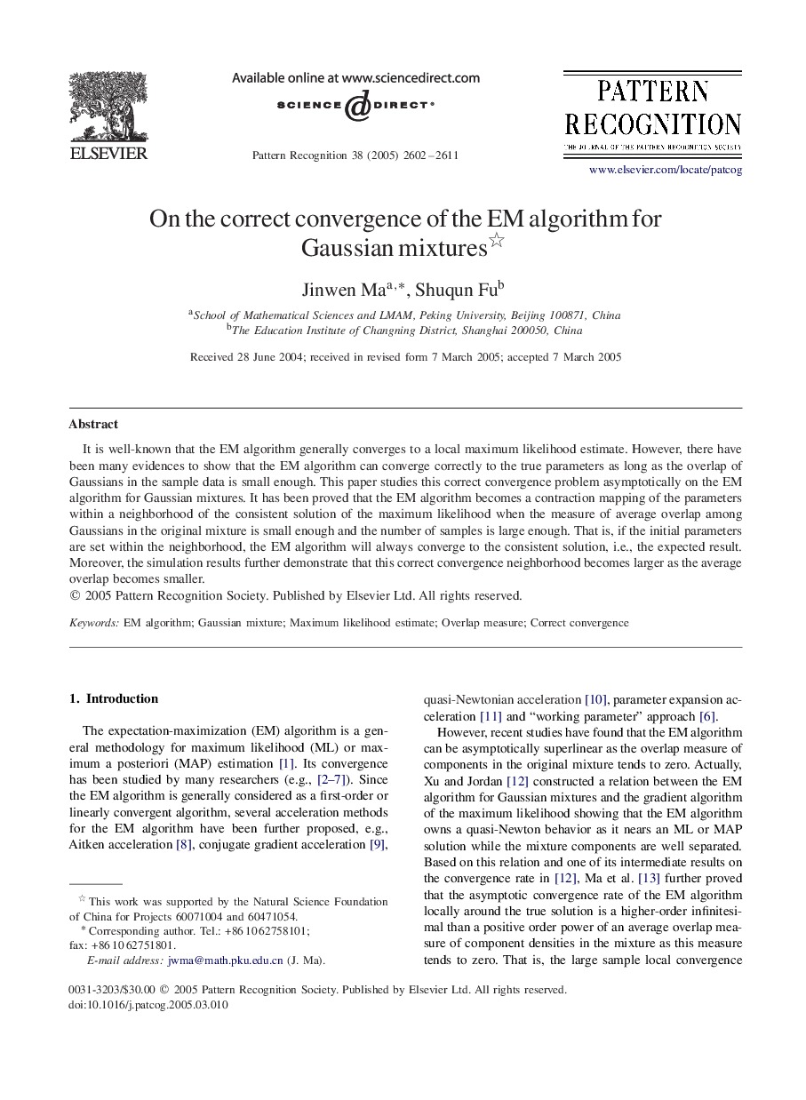 عکس صفحه اول مقاله: On the correct convergence of the EM algorithm for Gaussian mixtures On the correct convergence of the EM algorithm for Gaussian mixtures
