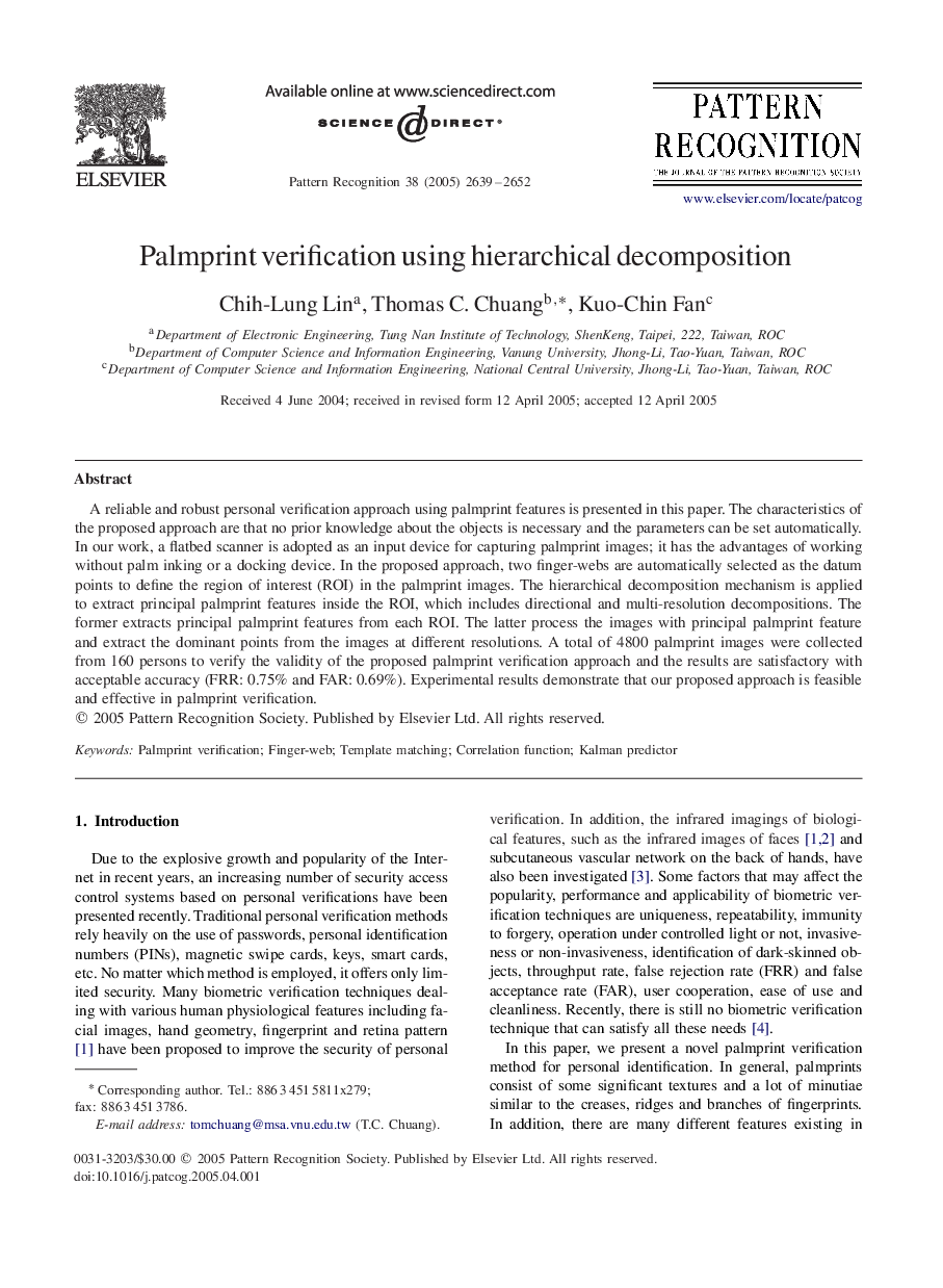 Palmprint verification using hierarchical decomposition