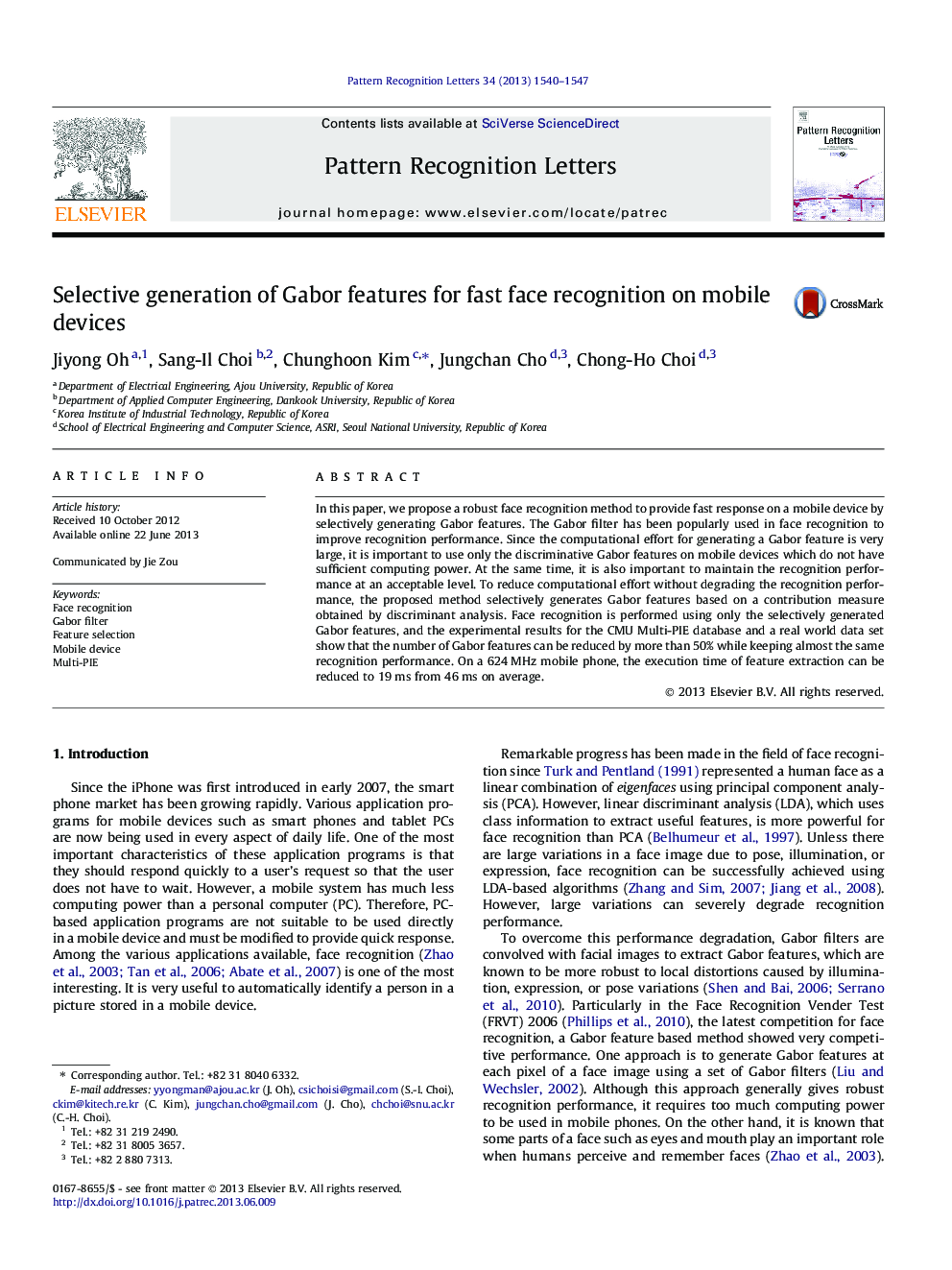 Selective generation of Gabor features for fast face recognition on mobile devices