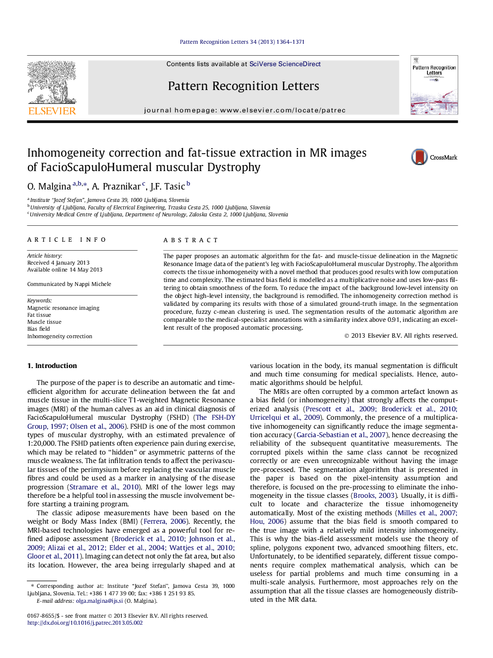 Inhomogeneity correction and fat-tissue extraction in MR images of FacioScapuloHumeral muscular Dystrophy