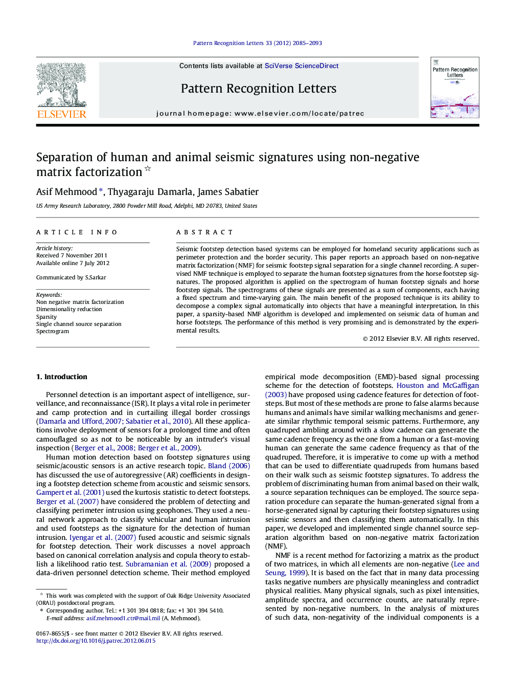 Separation of human and animal seismic signatures using non-negative matrix factorization 