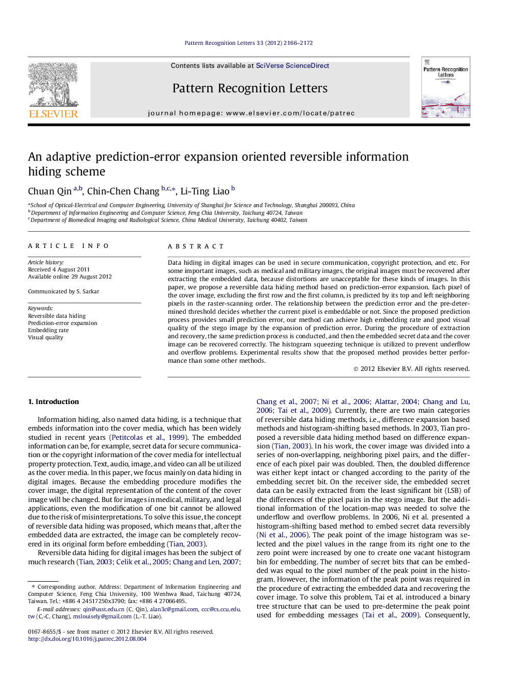 An adaptive prediction-error expansion oriented reversible information hiding scheme