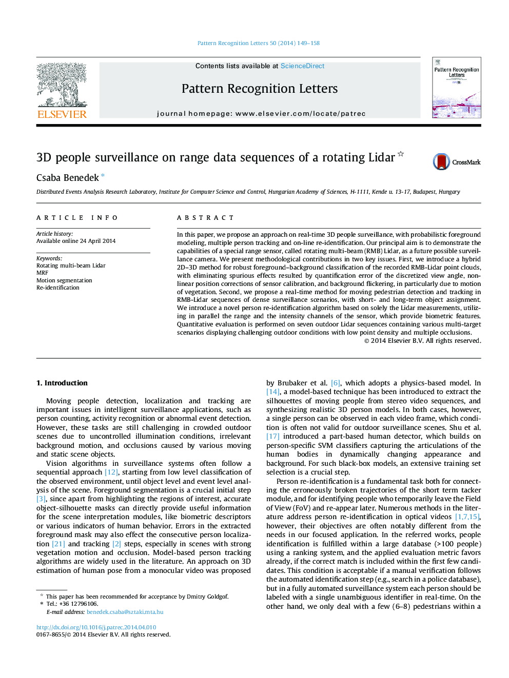 3D people surveillance on range data sequences of a rotating Lidar 