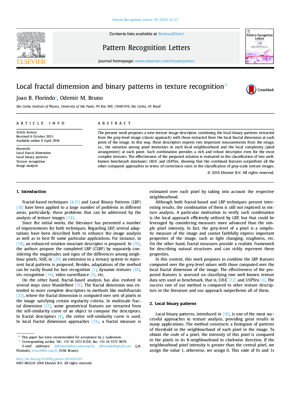 Local fractal dimension and binary patterns in texture recognition 