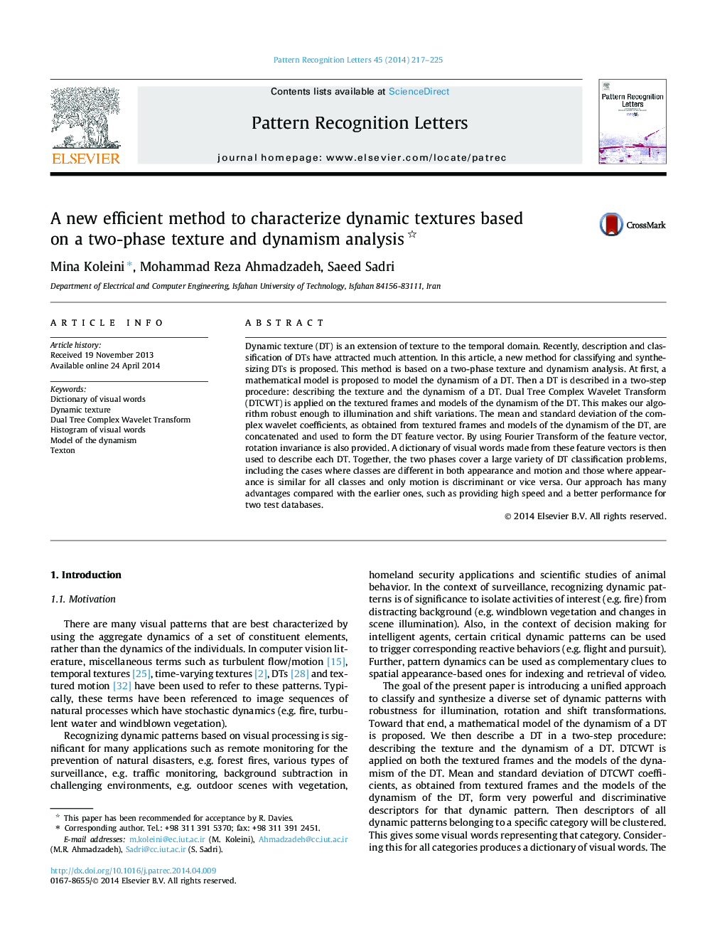 A new efficient method to characterize dynamic textures based on a two-phase texture and dynamism analysis 