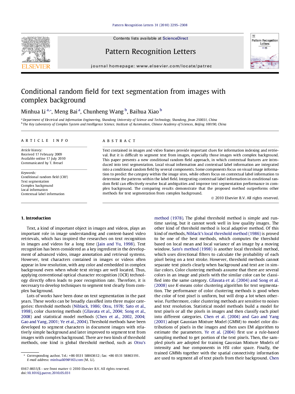 Conditional random field for text segmentation from images with complex background