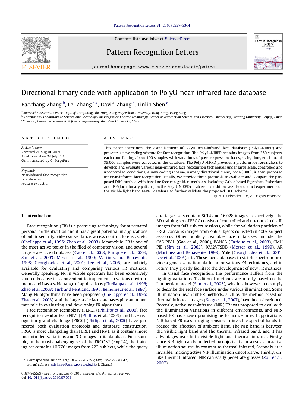 Directional binary code with application to PolyU near-infrared face database