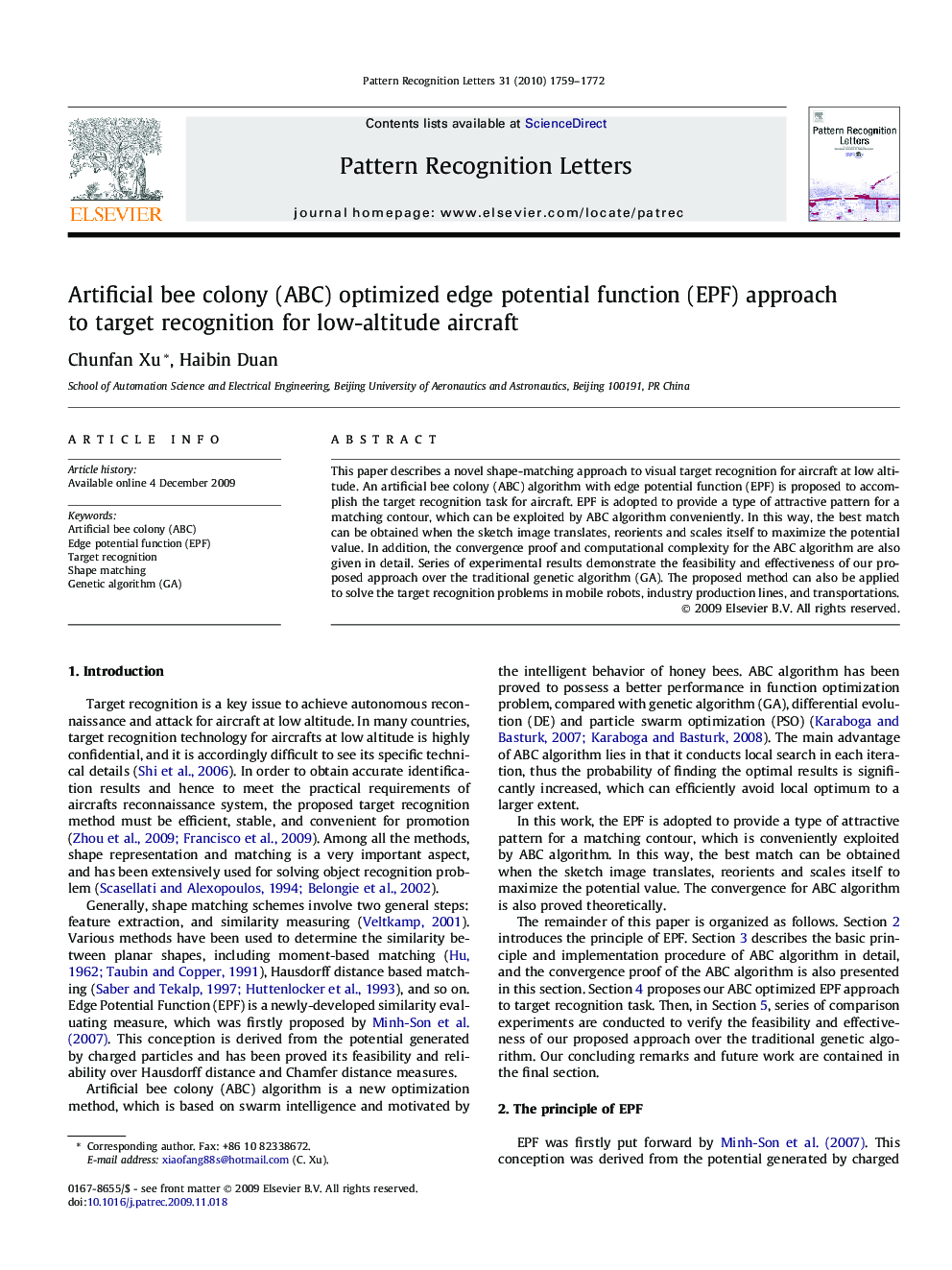 Artificial bee colony (ABC) optimized edge potential function (EPF) approach to target recognition for low-altitude aircraft