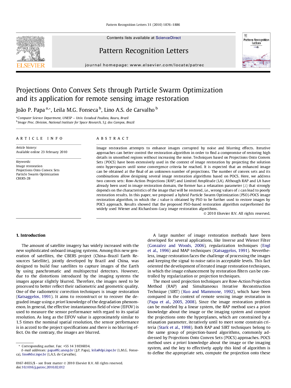 Projections Onto Convex Sets through Particle Swarm Optimization and its application for remote sensing image restoration