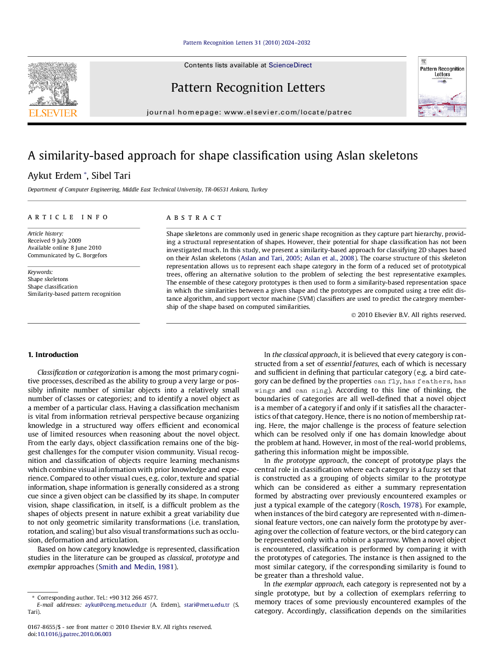 A similarity-based approach for shape classification using Aslan skeletons