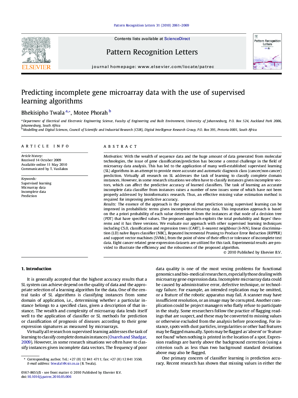 Predicting incomplete gene microarray data with the use of supervised learning algorithms