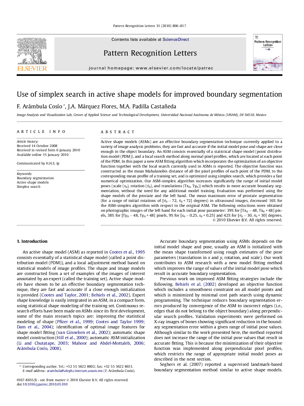 Use of simplex search in active shape models for improved boundary segmentation