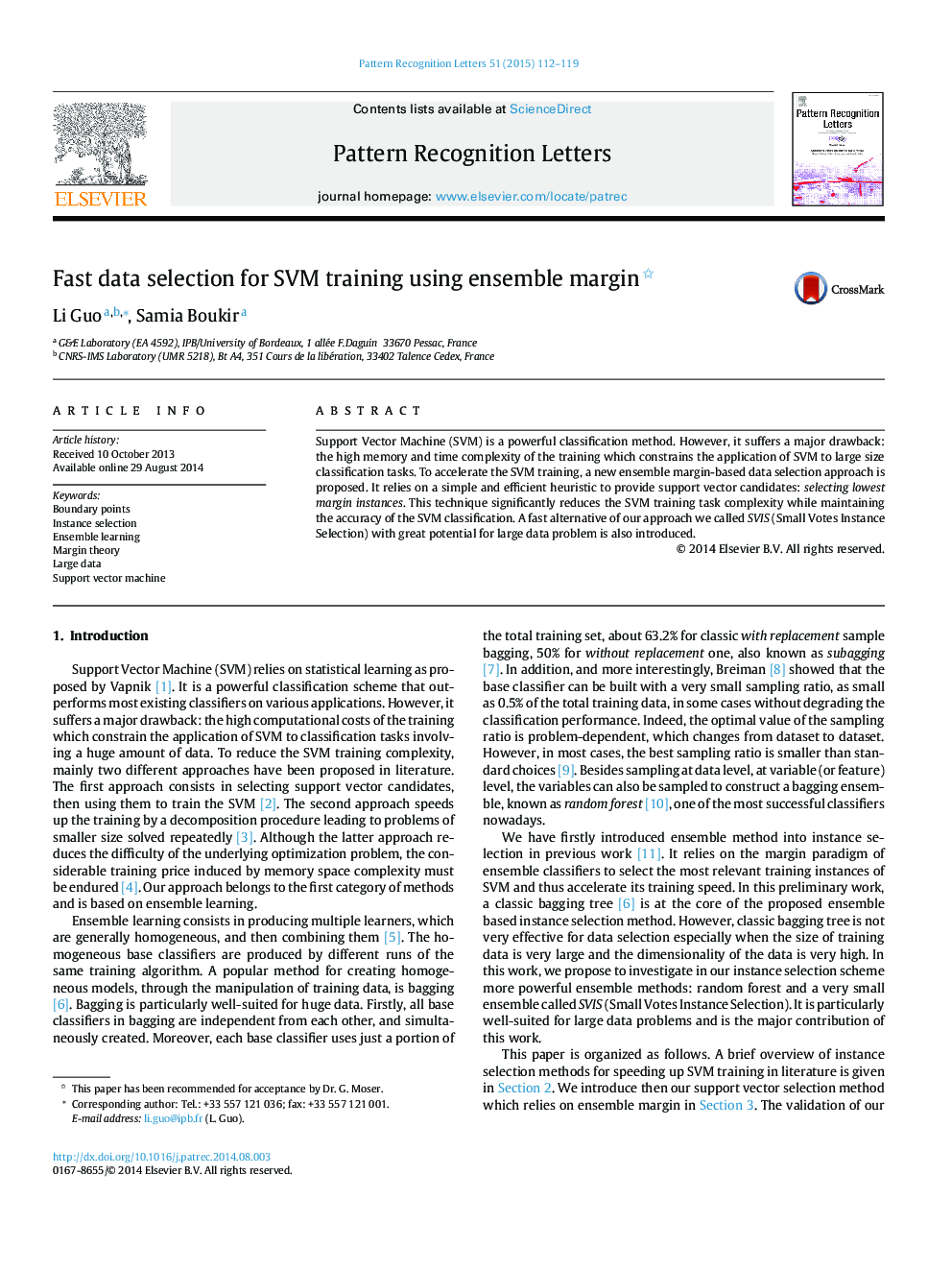 Fast data selection for SVM training using ensemble margin 