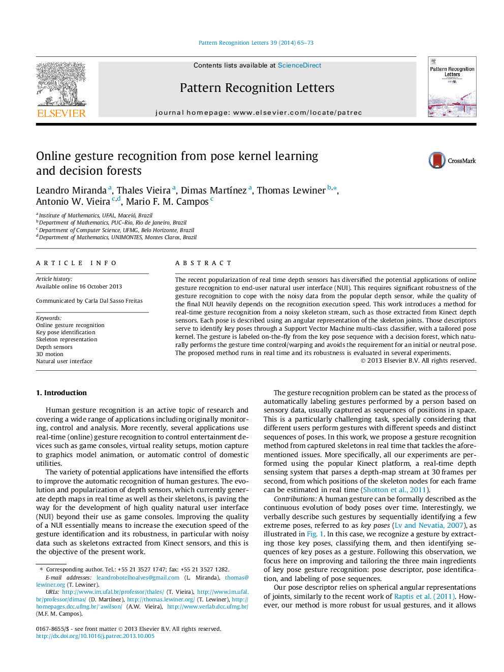 Online gesture recognition from pose kernel learning and decision forests